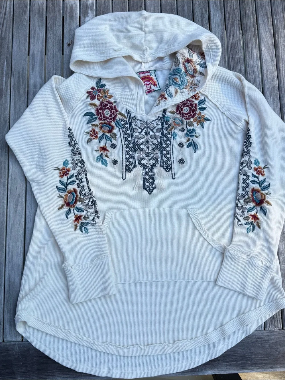 Johnny Was Eleni Embroidered Waffle Knit Thermal Hoodie Cream Boho